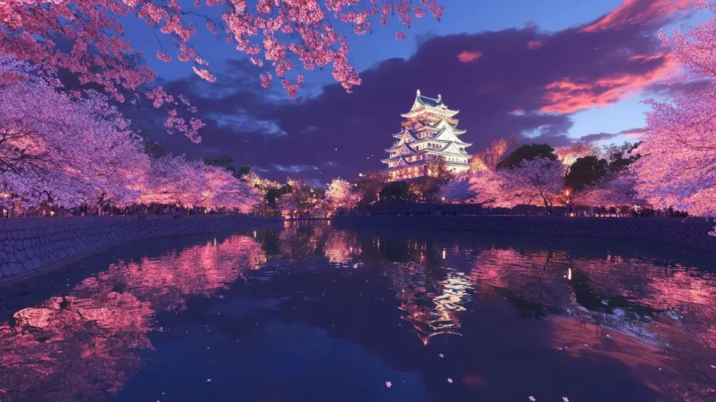 Yozakura at Osaka Castle. Osaka Castle is home to over 4,000 cherry trees, and the sight of the illuminated blossoms with the castle in the background is truly awe-inspiring