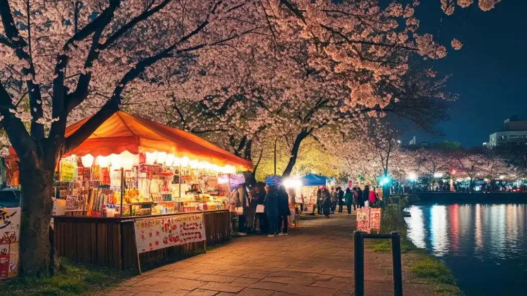 Yozakura at Sumida Park, Tokyo. A unique Yozakura experience along the banks of the Sumida River